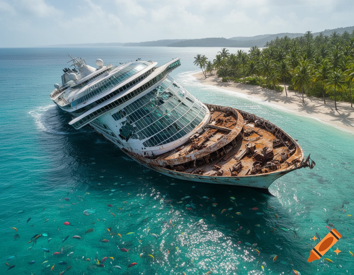 Aerial view of a large, partially submerged and heavily rusted cruise ship shipwrecked on a shallow, turquoise tropical beach with palm trees.