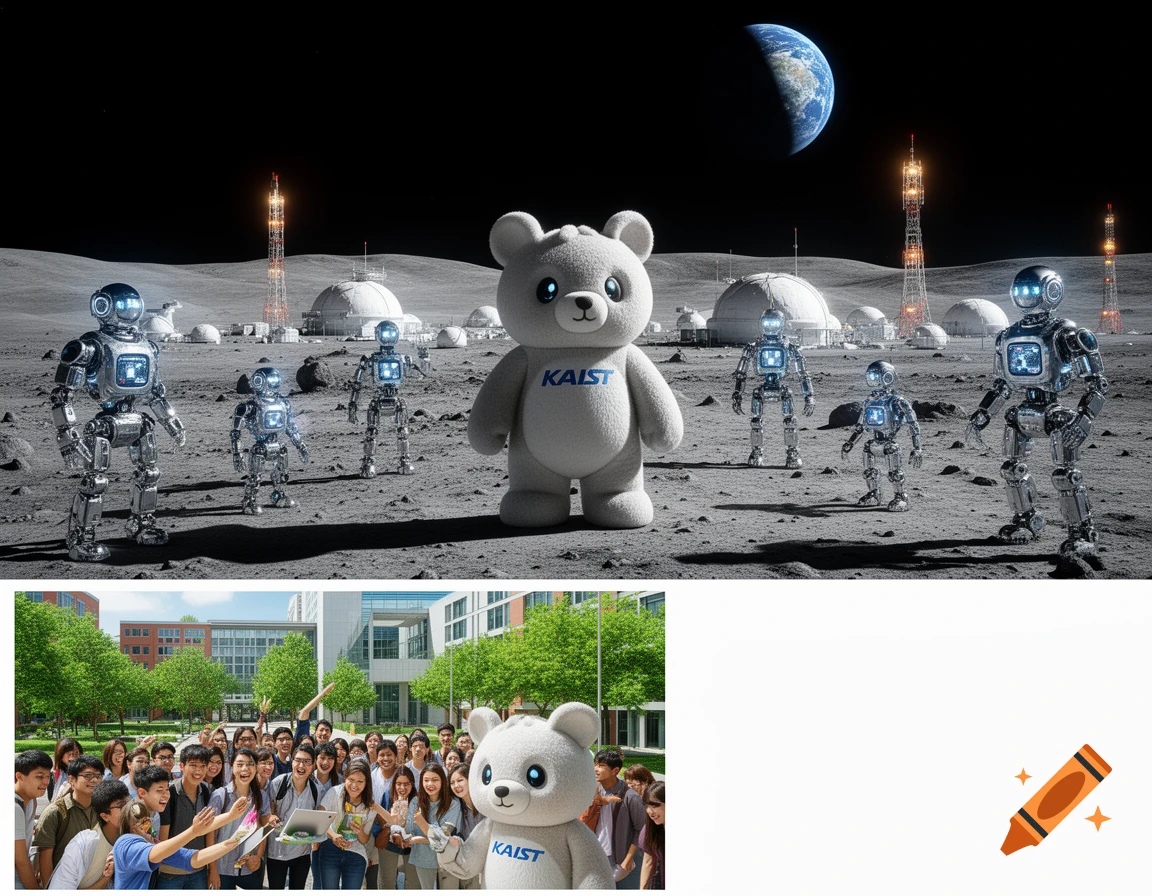A split image of a bear mascot; one with robots on the moon with Earth visible, the other with students on a university campus.