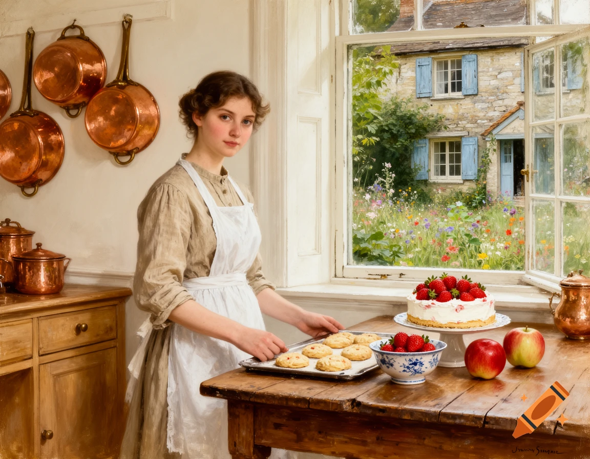 Young woman in a kitchen apron baking cookies, with a strawberry cake and fruit on a wooden table, overlooking a cottage garden, oil painting.