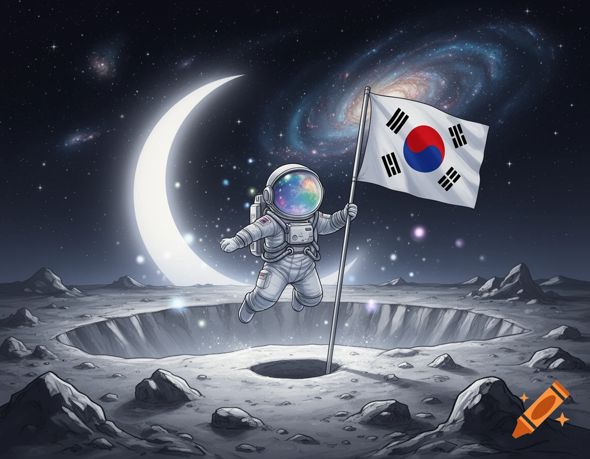 An illustration of an astronaut planting the South Korean flag on a cratered moon surface under a crescent moon and a starry galaxy sky.