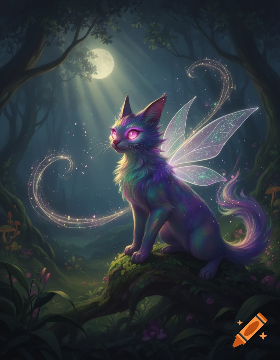 A glowing, iridescent fairy cat with large pink eyes and translucent wings sits on a mossy branch in a mystical, moonlit forest.