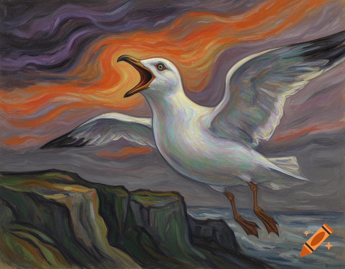 Expressionist painting of a white seagull screaming over a dark cliff and crashing waves, against a fiery orange and purple sky.