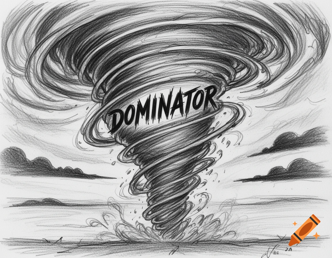 Pencil sketch of a powerful tornado with the word 'DOMINATOR' spiraling within its funnel, churning up water.