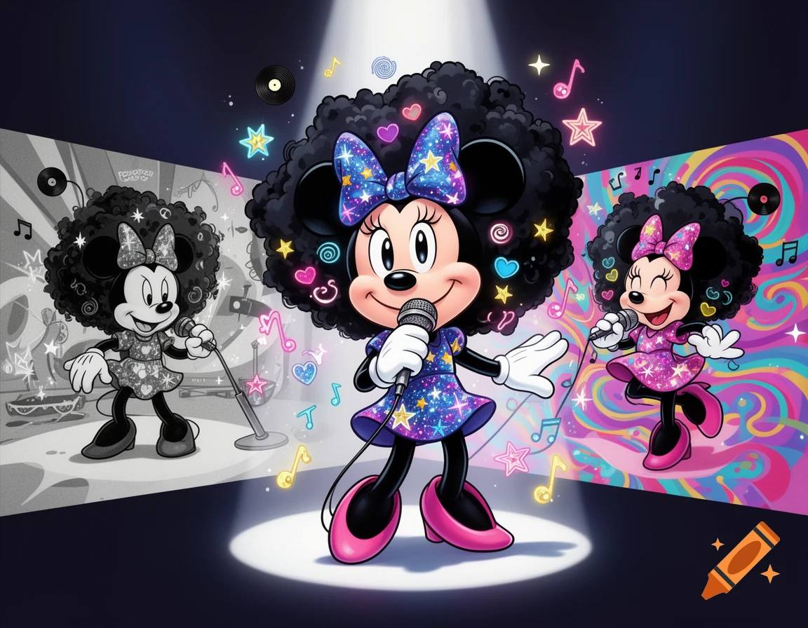 Minnie Mouse with an afro sings into a microphone on stage, flanked by colorful and monochrome versions of herself.
