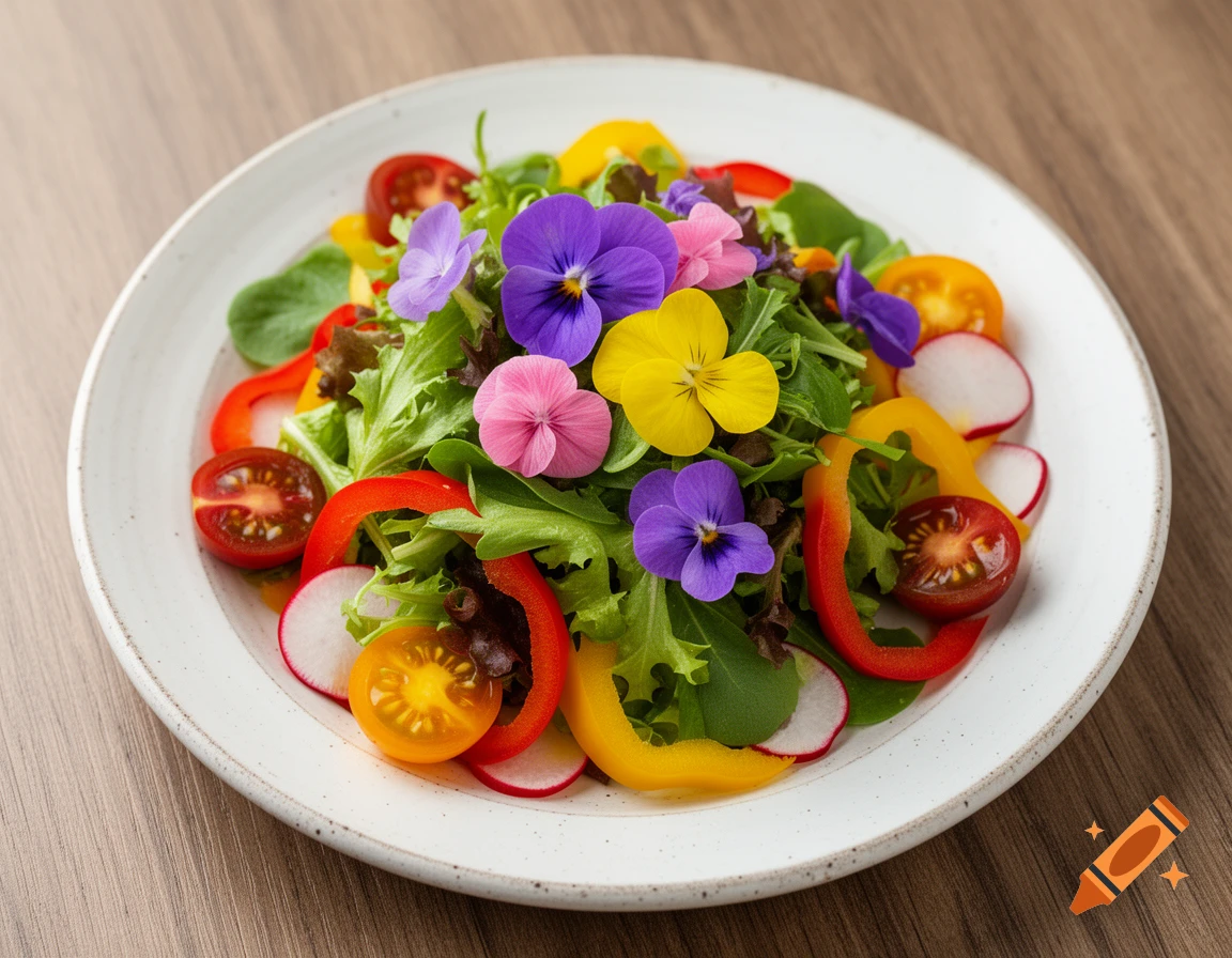 A vibrant salad on a white plate with mixed greens, red and yellow bell peppers, sliced radishes, cherry tomatoes, and colorful edible pansy flowers.