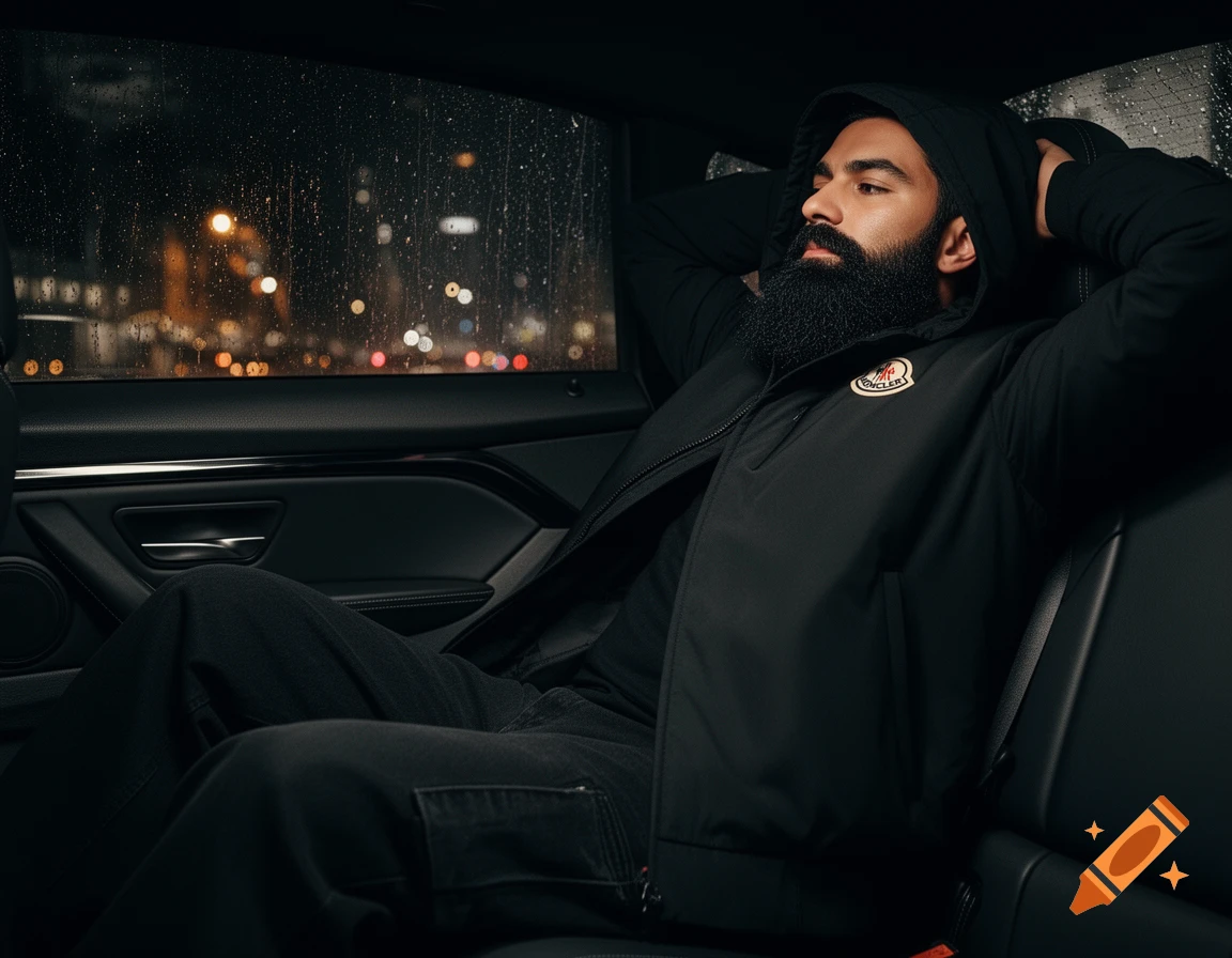A photorealistic image of a man with a full beard, wearing a black Moncler jacket with the hood up, sitting in the back of a car at night with his hands behind his head.
