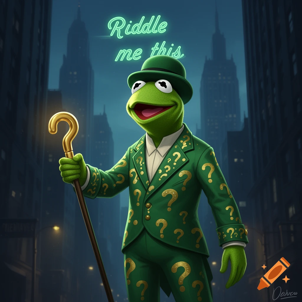 Kermit the Frog, dressed as The Riddler in a green suit with question marks, holding a question mark cane in a dark city. Text: Riddle me this.