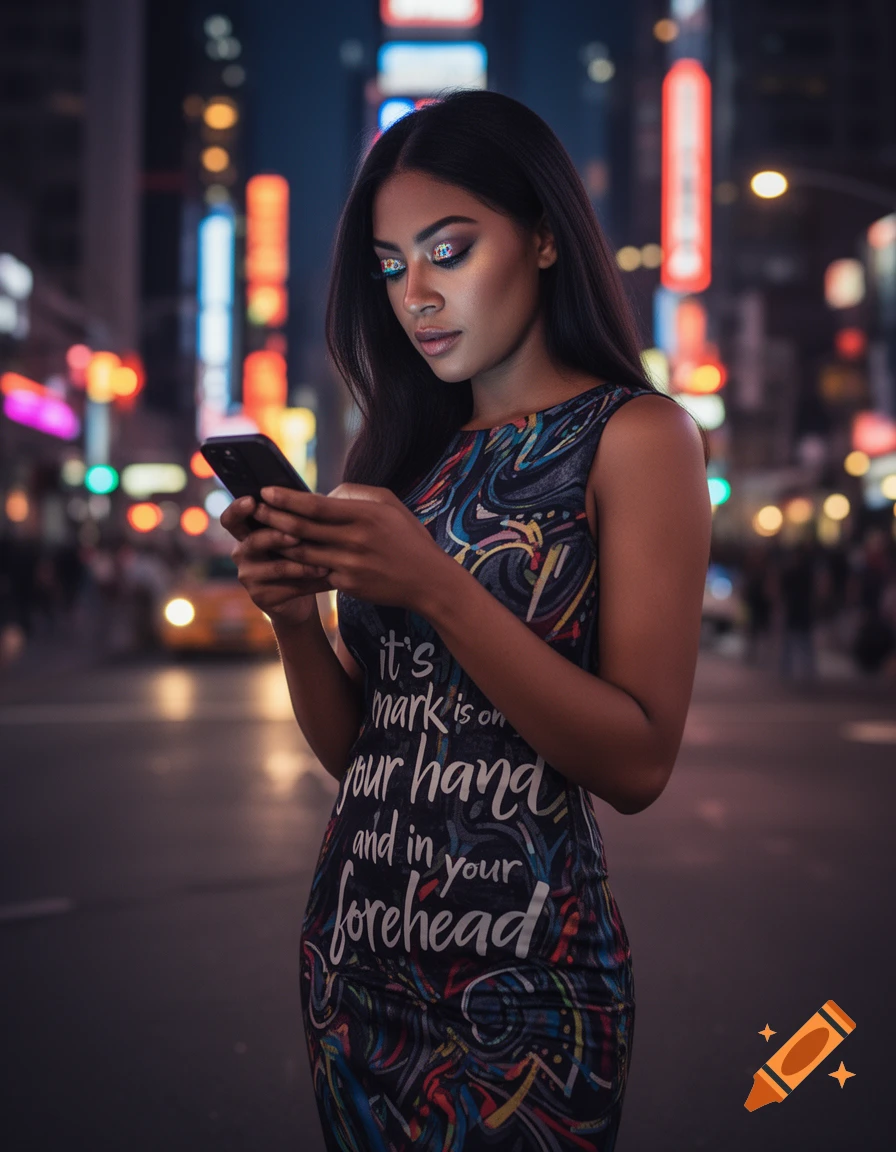 A photorealistic portrait of a woman looking at her cell phone on a neon-lit city street at night, wearing a dress with text.