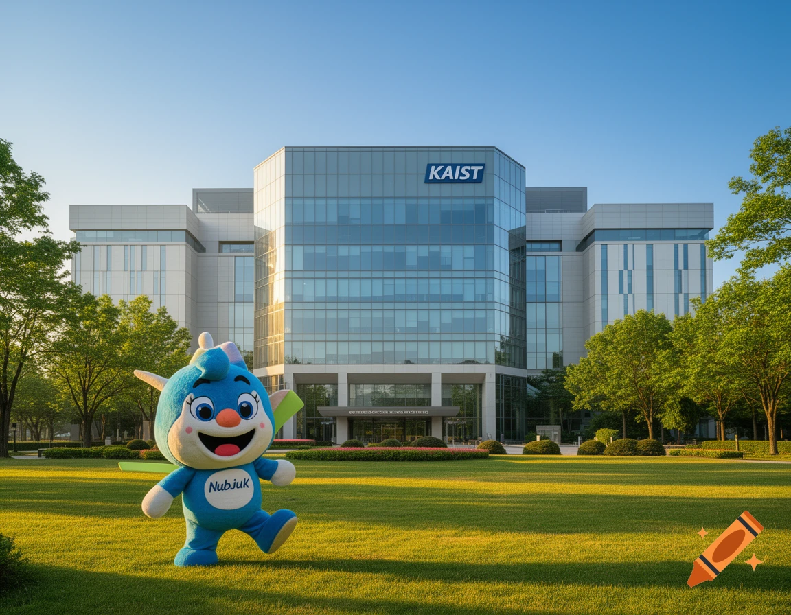 A blue cartoon mascot, Nubjuk, stands on a sunny green lawn in front of a modern glass building with KAIST logo.