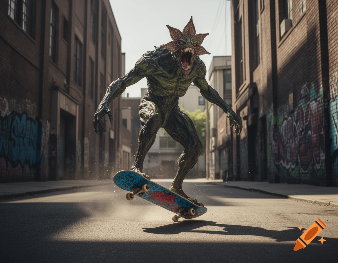 Photorealistic Demogorgon monster riding a skateboard down an urban alleyway with graffiti-covered brick buildings.