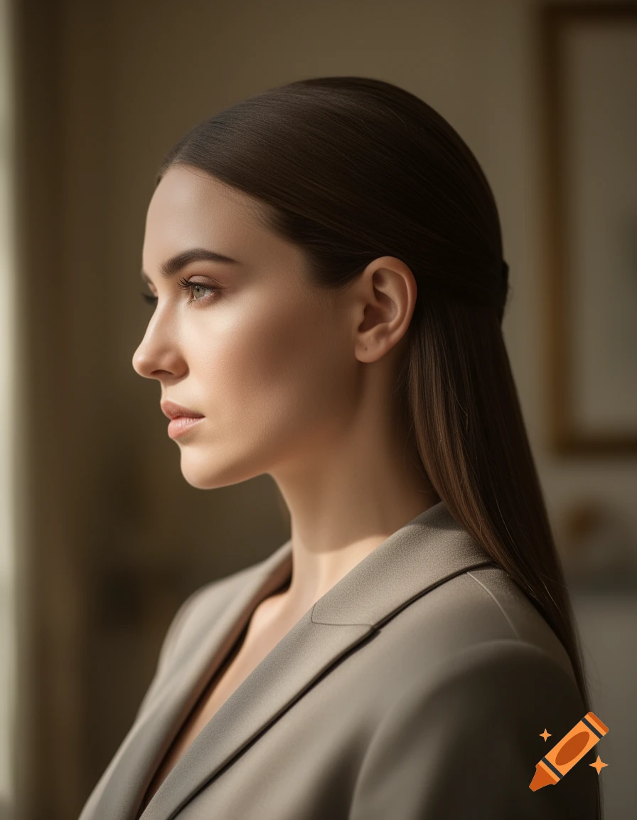 Side profile of a woman with dark hair in a light blazer, looking pensively.