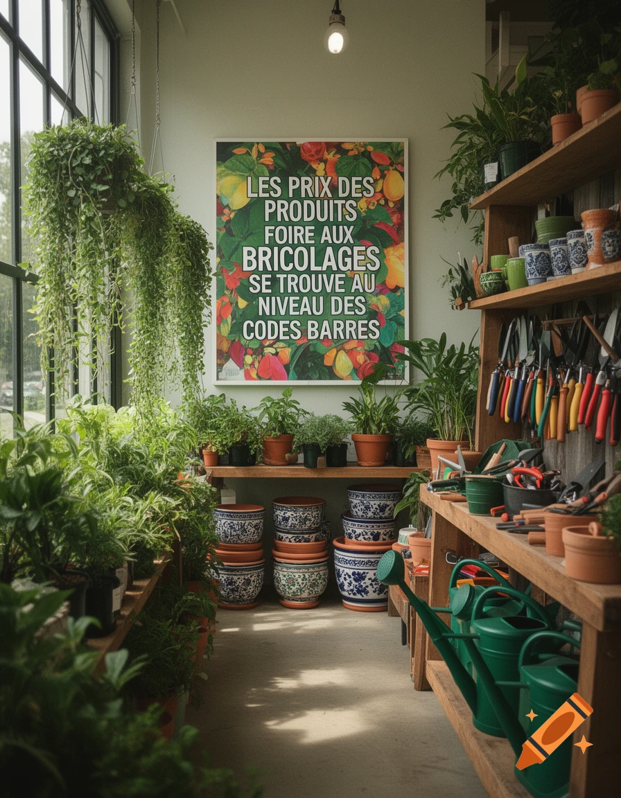 A vibrant indoor plant nursery or gardening store, featuring lush green plants, gardening tools, decorative pots, and a large sign on the wall with French text.