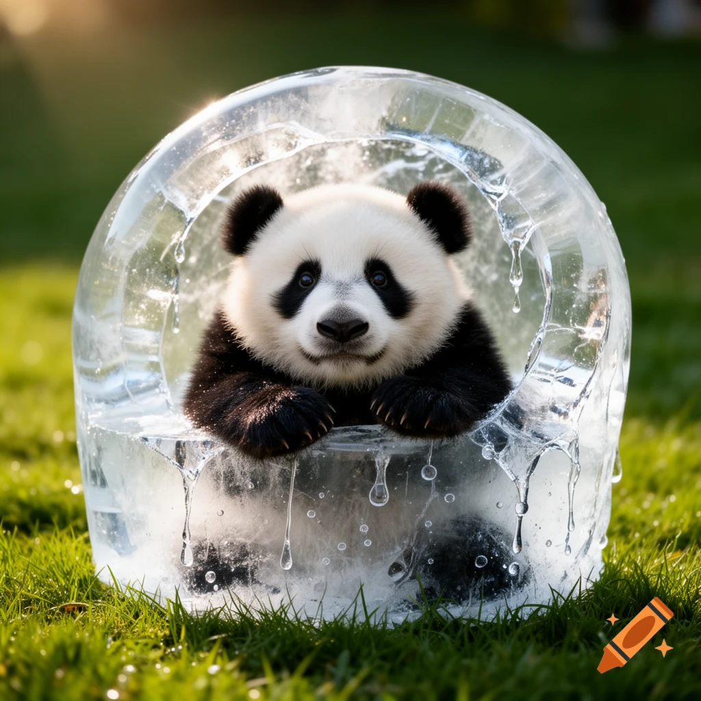 A cute baby panda sits inside a melting clear ice block on a sunny green grassy field, looking forward.