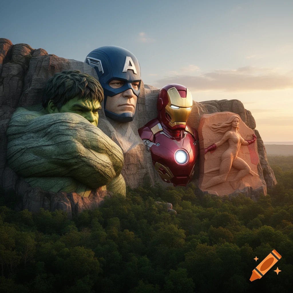 Rock sculptures of Hulk, Captain America, Iron Man, and Black Widow carved into a mountainside, resembling Mount Rushmore, under a sunset sky with lush green trees below.
