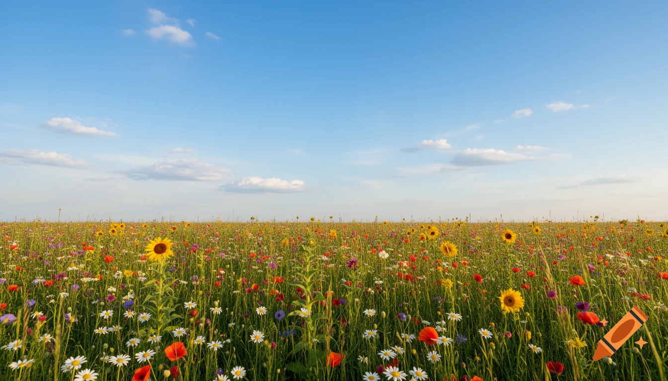 A vibrant field of wildflowers, including sunflowers, poppies, and daisies, under a clear blue sky with sparse clouds.