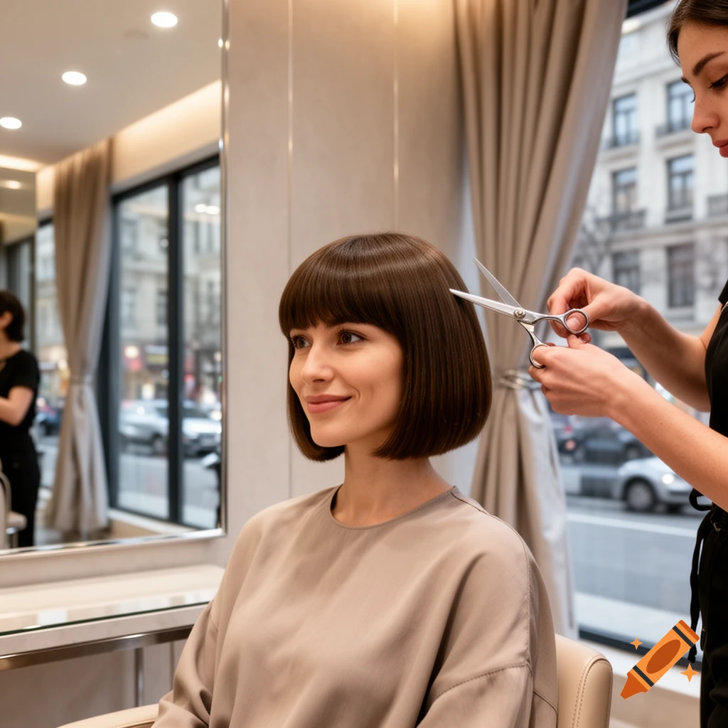 A woman with a brown bob haircut smiles while a hairdresser trims her hair in a modern salon.