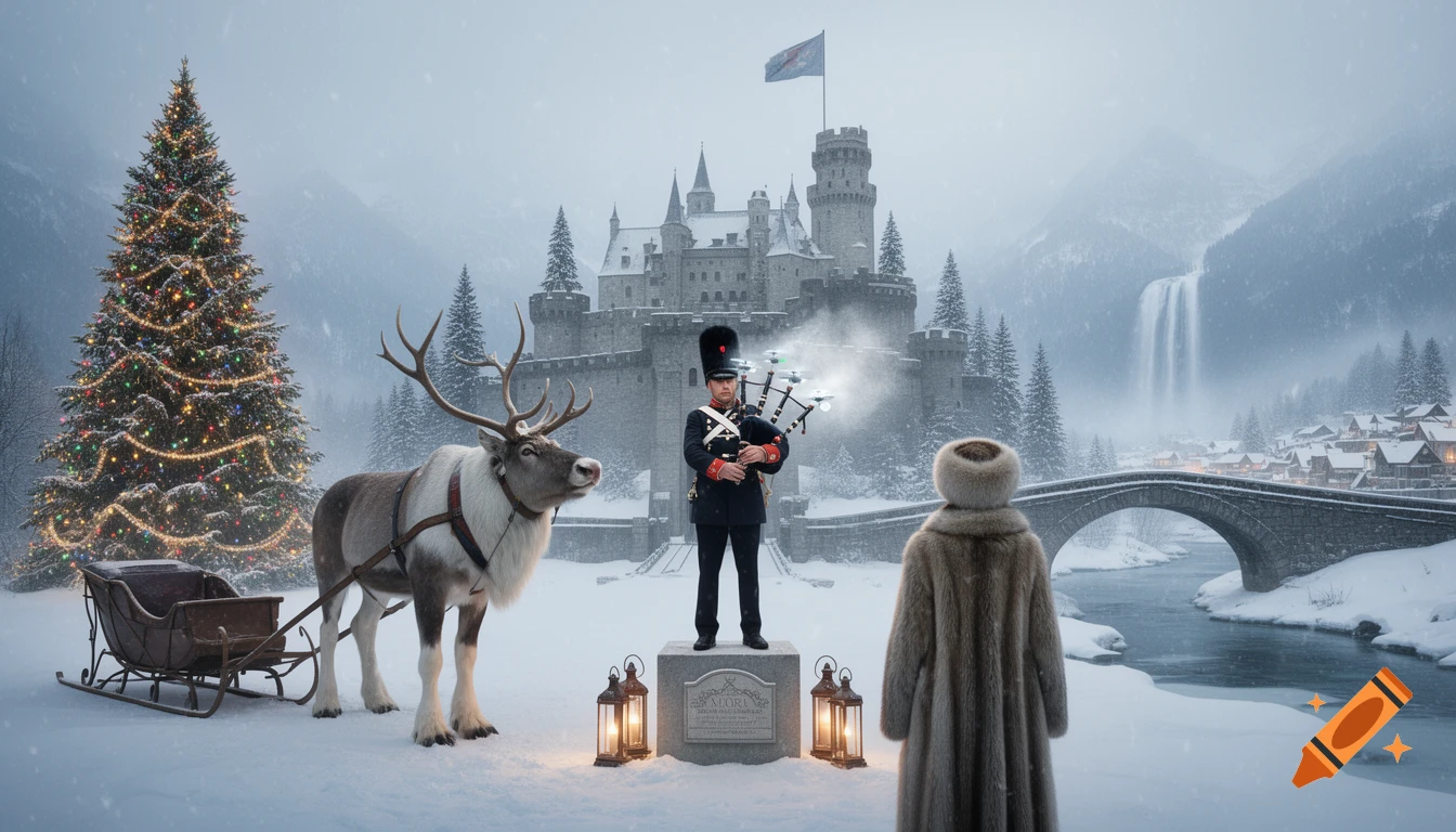 A snowy winter wonderland with a man on a pedestal playing drone bagpipes, a woman in fur coat, a reindeer with a sleigh, a Christmas tree, and a castle.