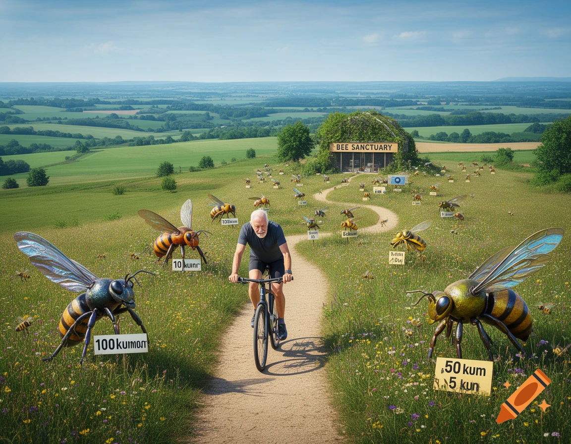 A man cycles along a dirt path through a green, rolling landscape, surrounded by large, colorful bees with small, illegible signs. A 'Bee Sanctuary' building is in the distance.
