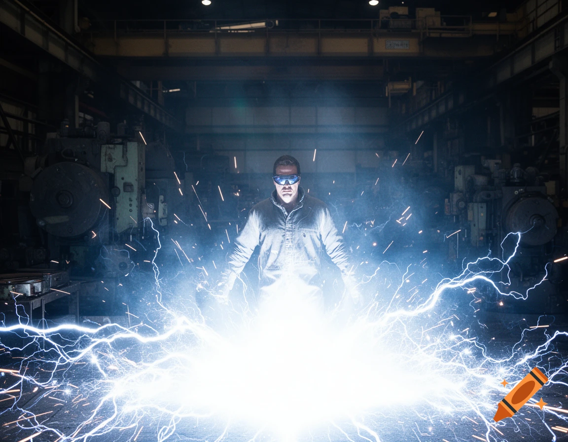 A man in goggles stands amidst a bright blue and white electrical blast in a dark, dramatic factory setting.