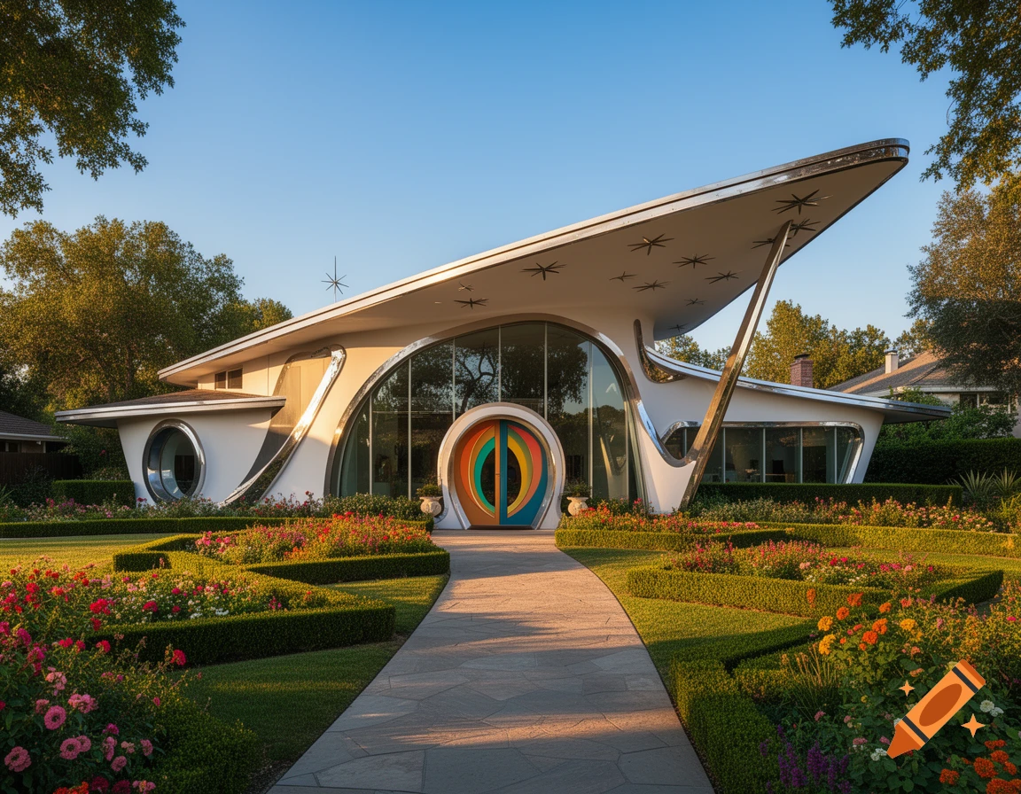 A futuristic Googie-style house with a curved roof, large glass windows, and a colorful circular front door, surrounded by a vibrant, manicured garden on a sunny day.