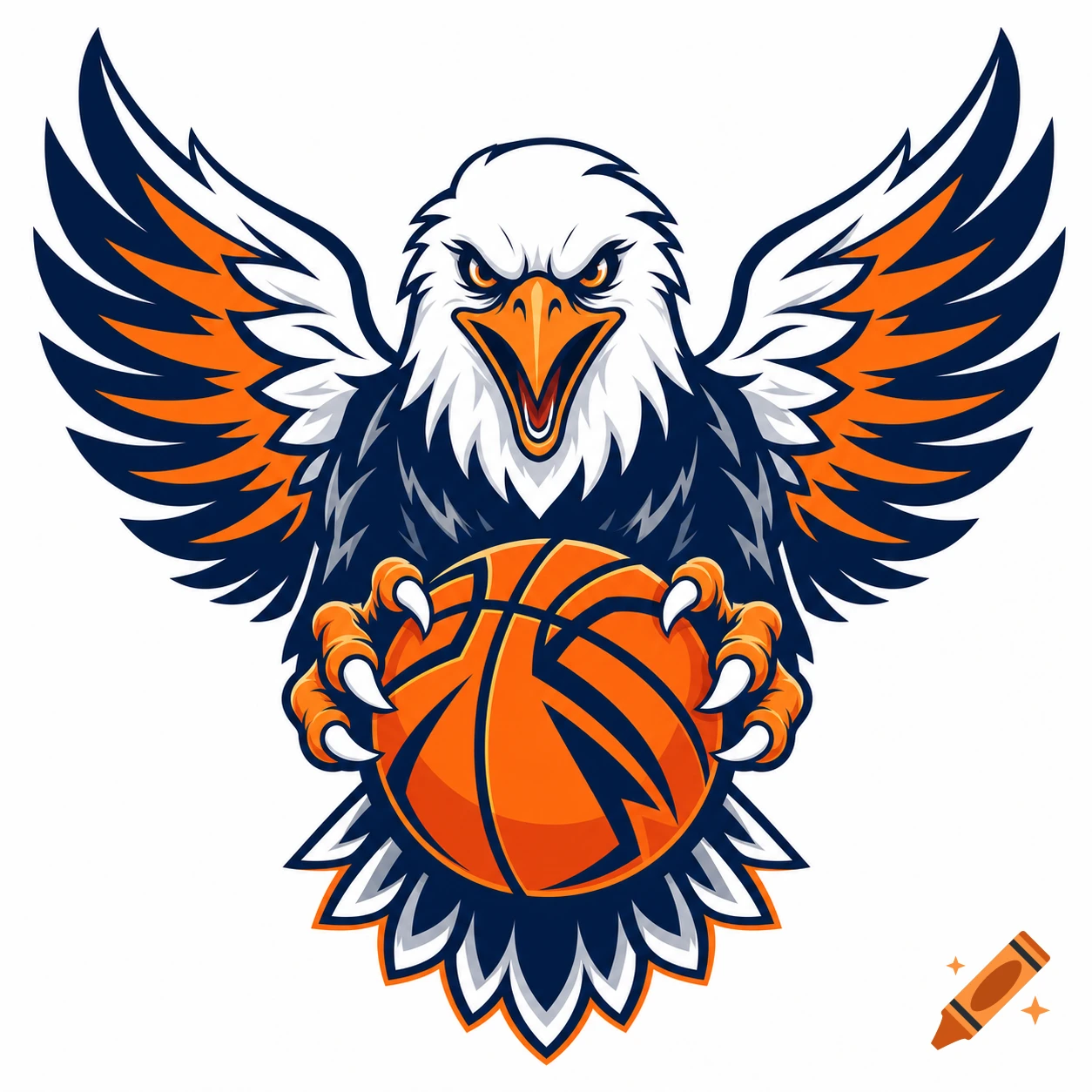 Stylized illustration of an aggressive eagle mascot with outstretched wings holding an orange basketball.