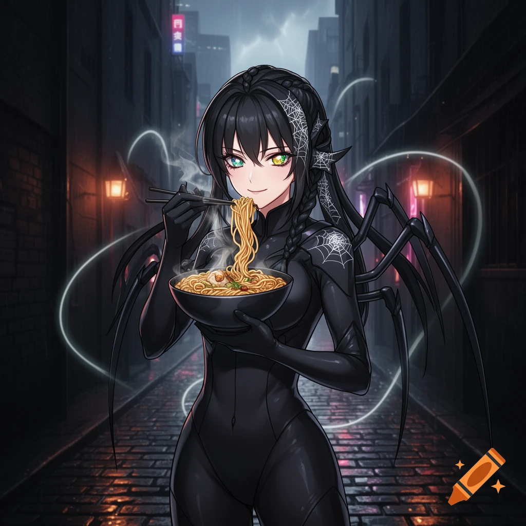 An anime spider girl in a black suit with spider legs eats a bowl of steaming ramen with chopsticks in a dark, rainy alleyway.