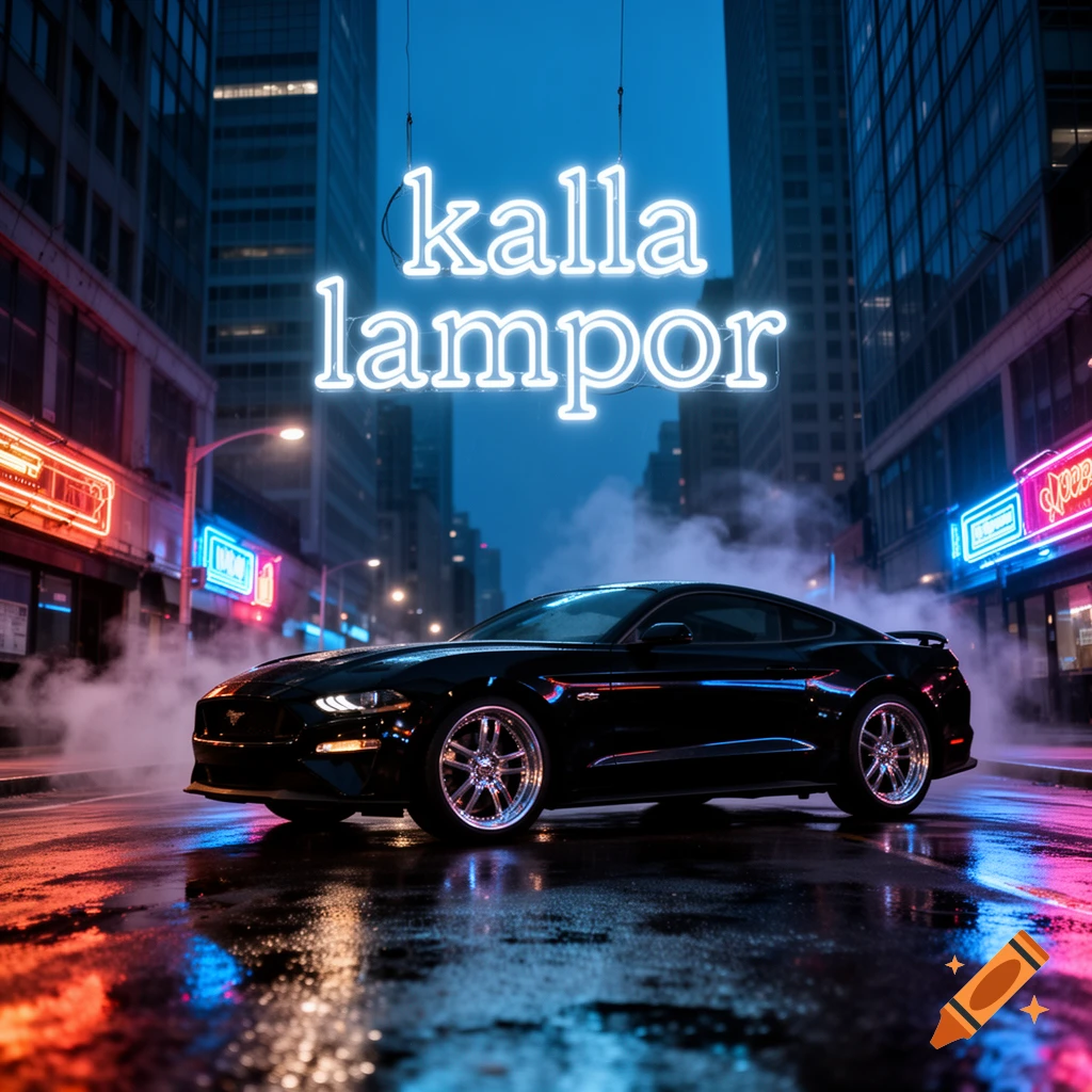 A black sports car on a wet street at night in a neon-lit city, with 'kalla lampor' written in bright neon text above.