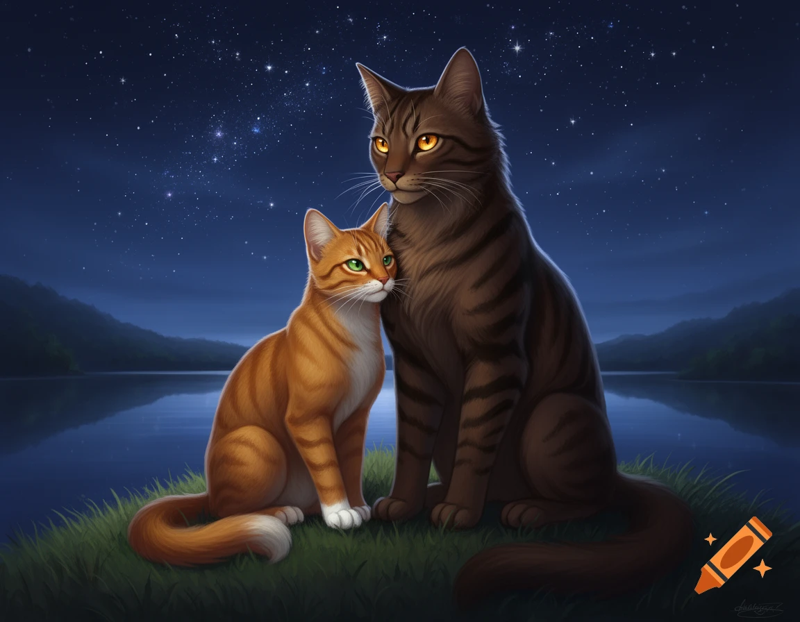 A digital painting of a ginger cat and a brown tabby cat sitting affectionately on a grassy hill by a star-lit lake.