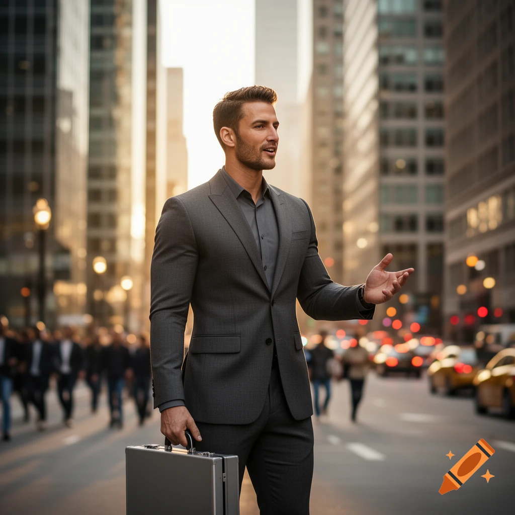 Photorealistic image of a businessman in a gray suit holding a briefcase, walking and gesturing on a busy city street at golden hour.