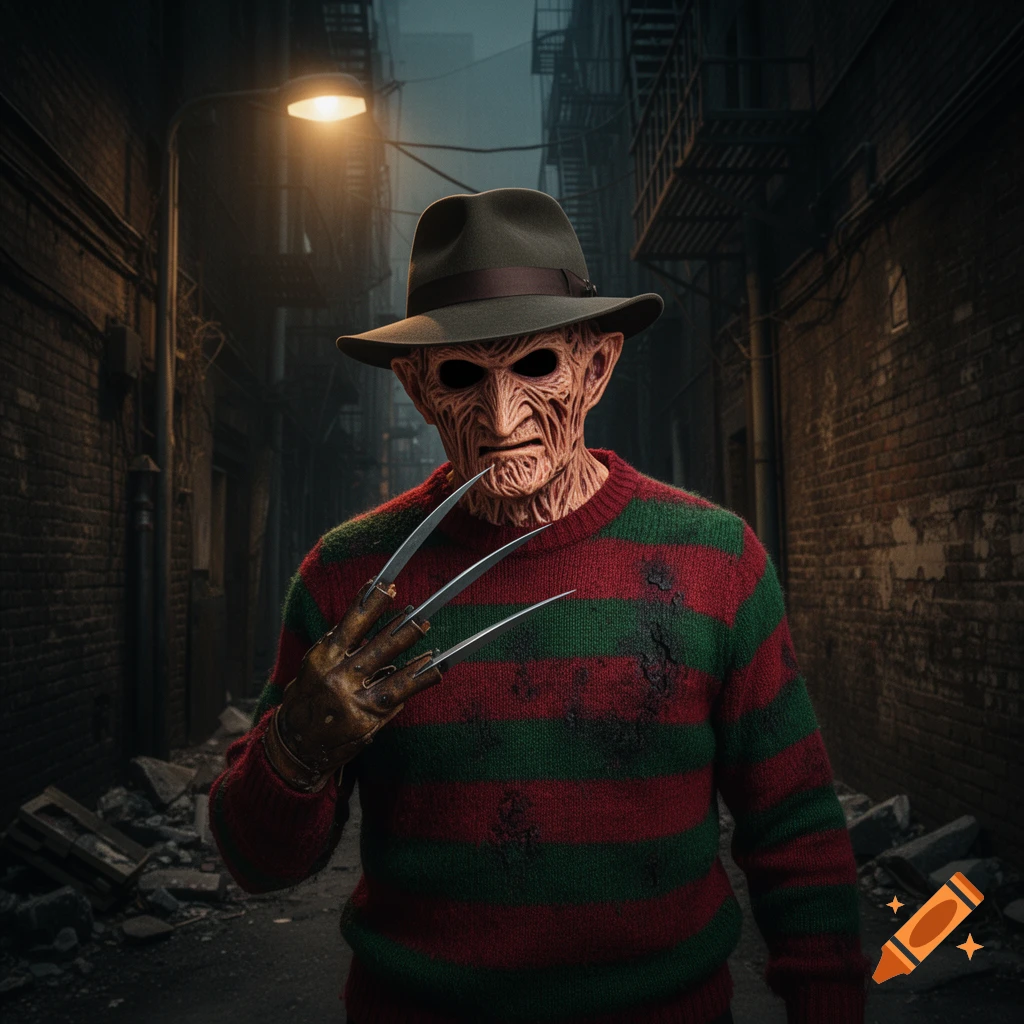Freddy Krueger with pitch-black eyes, wearing a striped sweater, fedora, and clawed glove, stands in a dark alley at night.