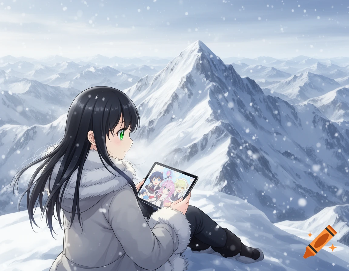 An anime girl with long black hair and green eyes, wearing a gray fur-lined coat, sits on a snowy mountain peak, watching anime on a tablet.