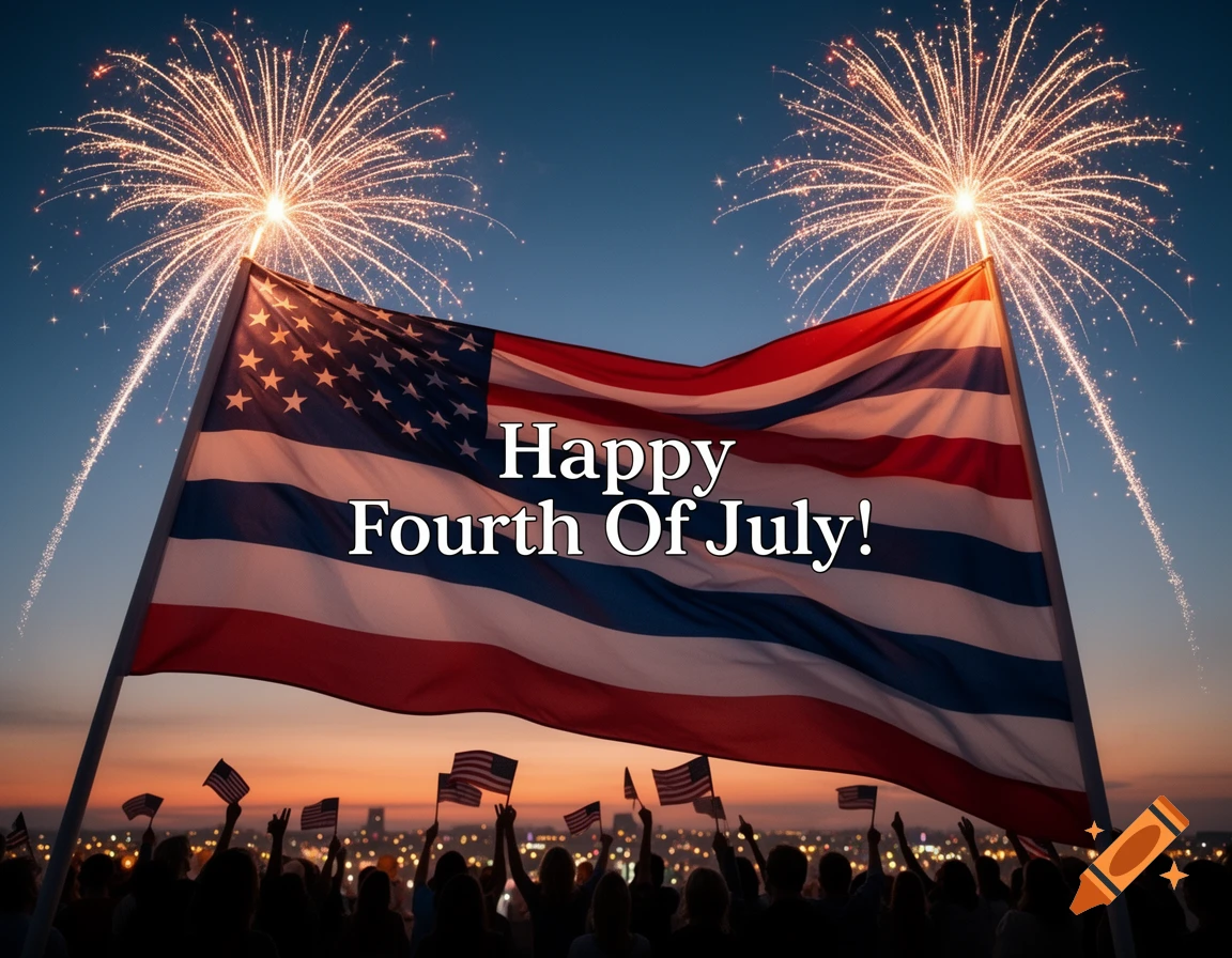 Photorealistic image of a large American flag with 'Happy Fourth Of July!' text, under two bursting fireworks, and a crowd at sunset.