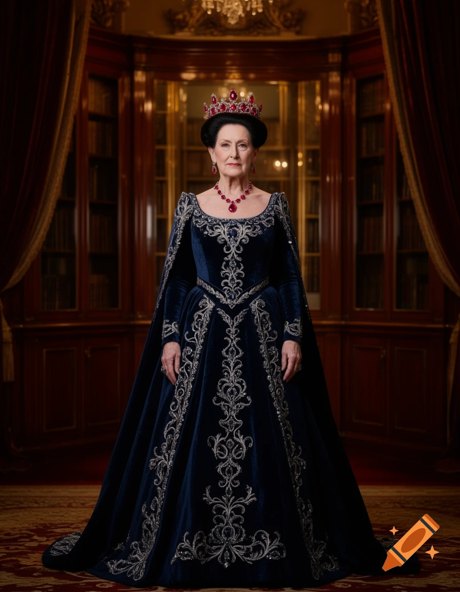 Photorealistic portrait of an older woman wearing a dark blue velvet queen gown, ruby crown, and necklace, standing in an ornate room.