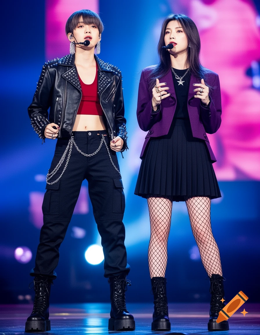 Two K-pop singers in edgy outfits, one in a studded leather jacket and cargo pants, the other in a purple jacket and fishnets, perform on stage.