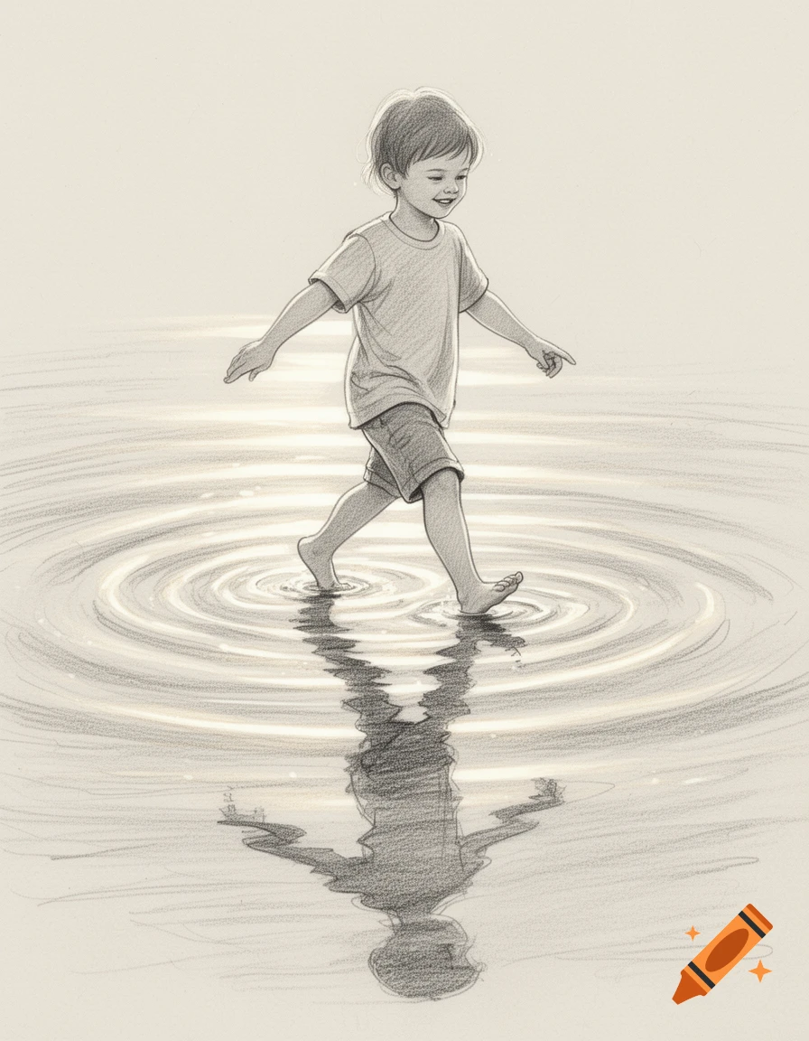 A pencil sketch of a young boy happily walking through shallow water, creating ripples. The light reflects on the water's surface.