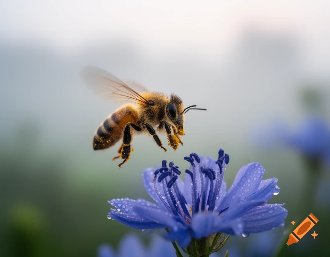Hyper-realistic macro photo of a honeybee with pollen hovering over a blue dew-covered wildflower in a misty garden.