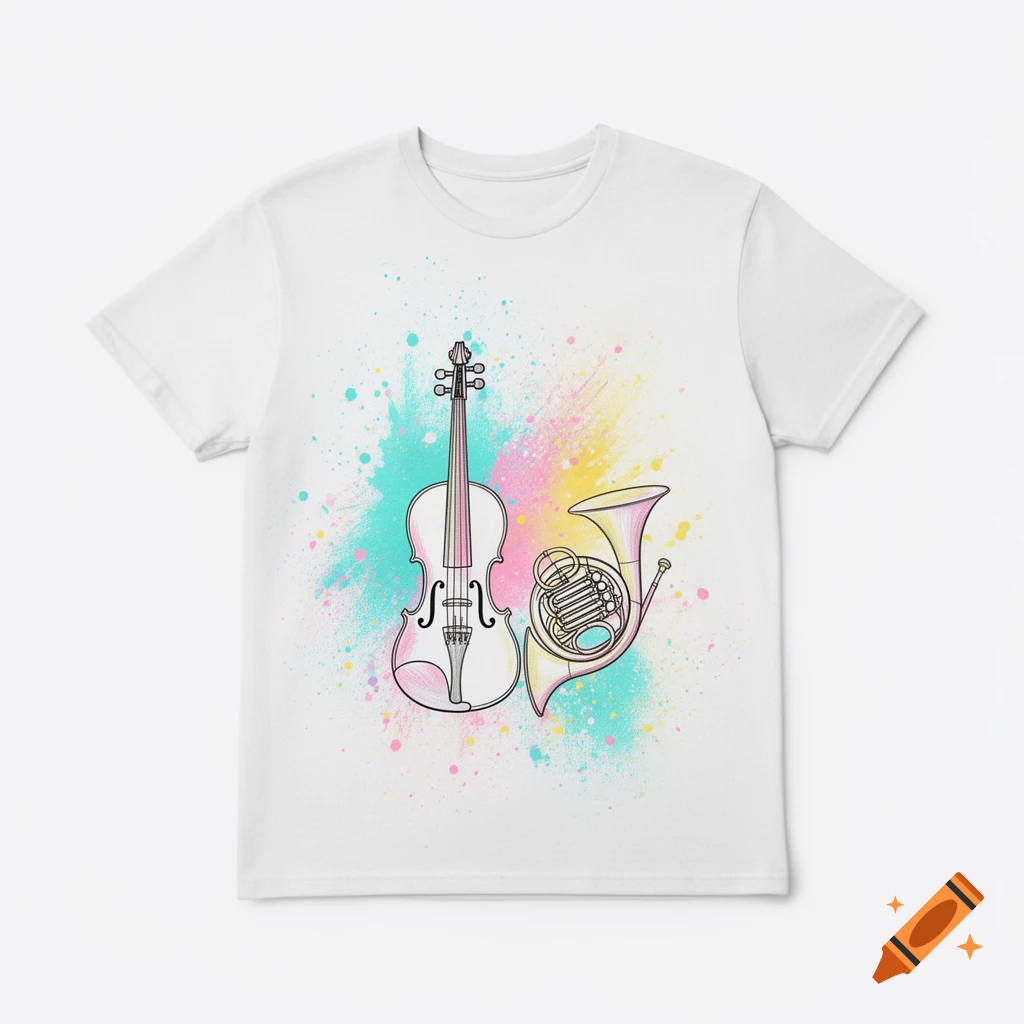 White t-shirt with line art violin and French horn design, surrounded by pastel paint splatters.
