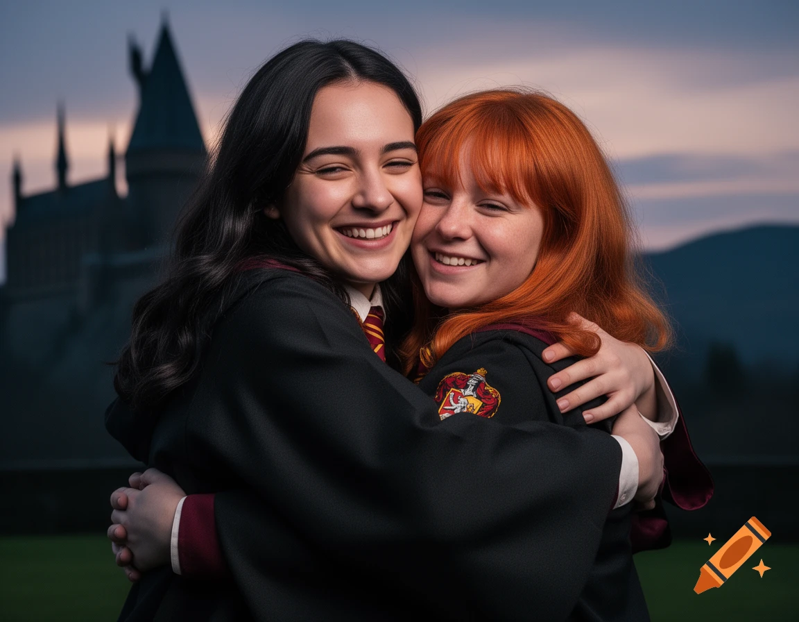 Two smiling young women in wizard robes hug in front of a castle at sunset, photorealistic.
