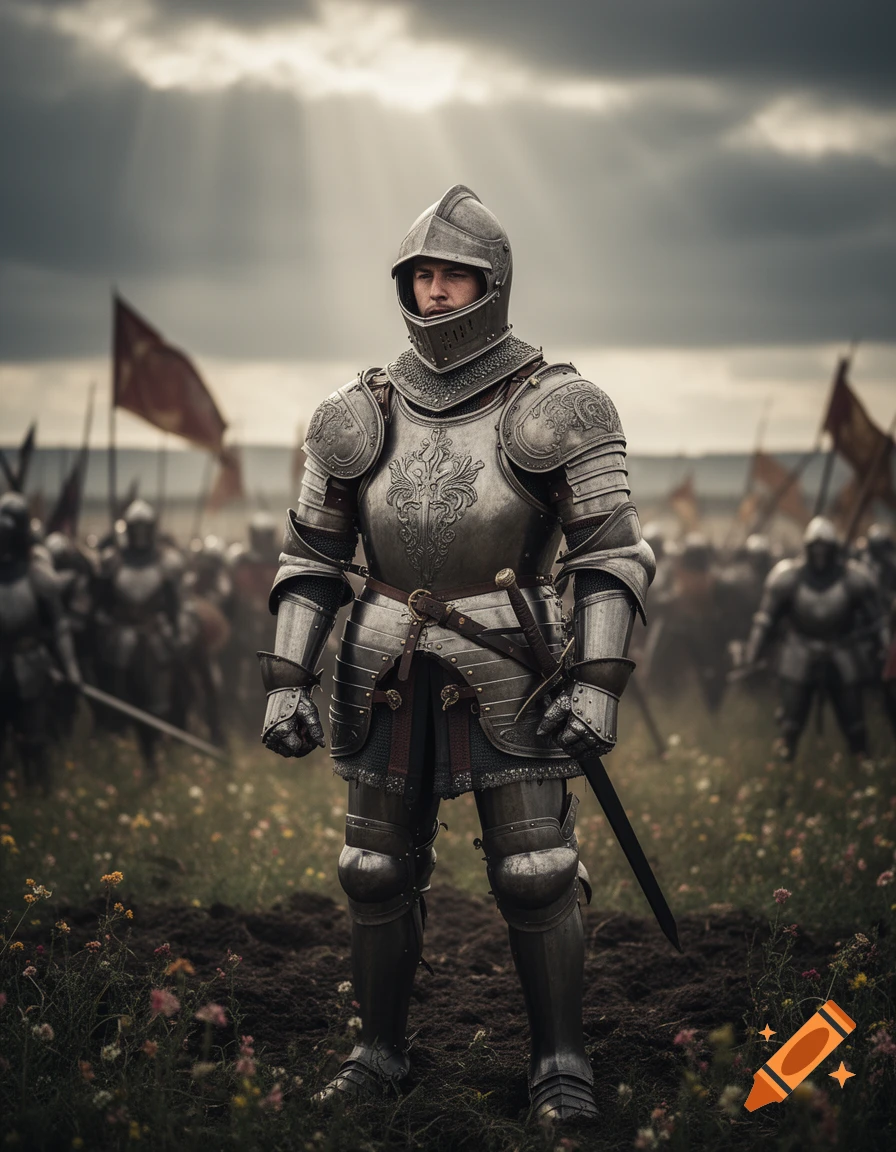 A knight in shining full armor stands on a muddy battlefield with wildflowers, an army in the blurred background under a dramatic sky.