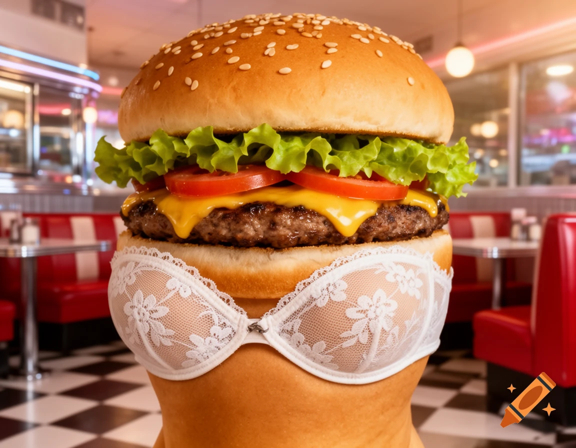 A giant hamburger wearing a white lace bra on a skin-toned base, in a retro diner.