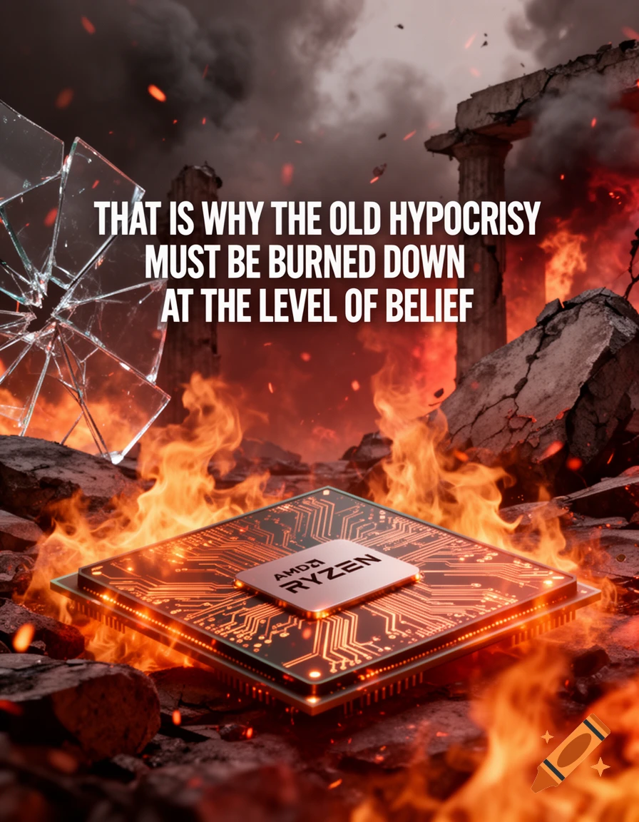 An AMD Ryzen CPU glows with orange light amidst flames and shattered glass, surrounded by crumbling ruins under a smoky red sky. Text reads: "THAT IS WHY THE OLD HYPOCRISY MUST BE BURNED DOWN AT THE LEVEL OF BELIEF"