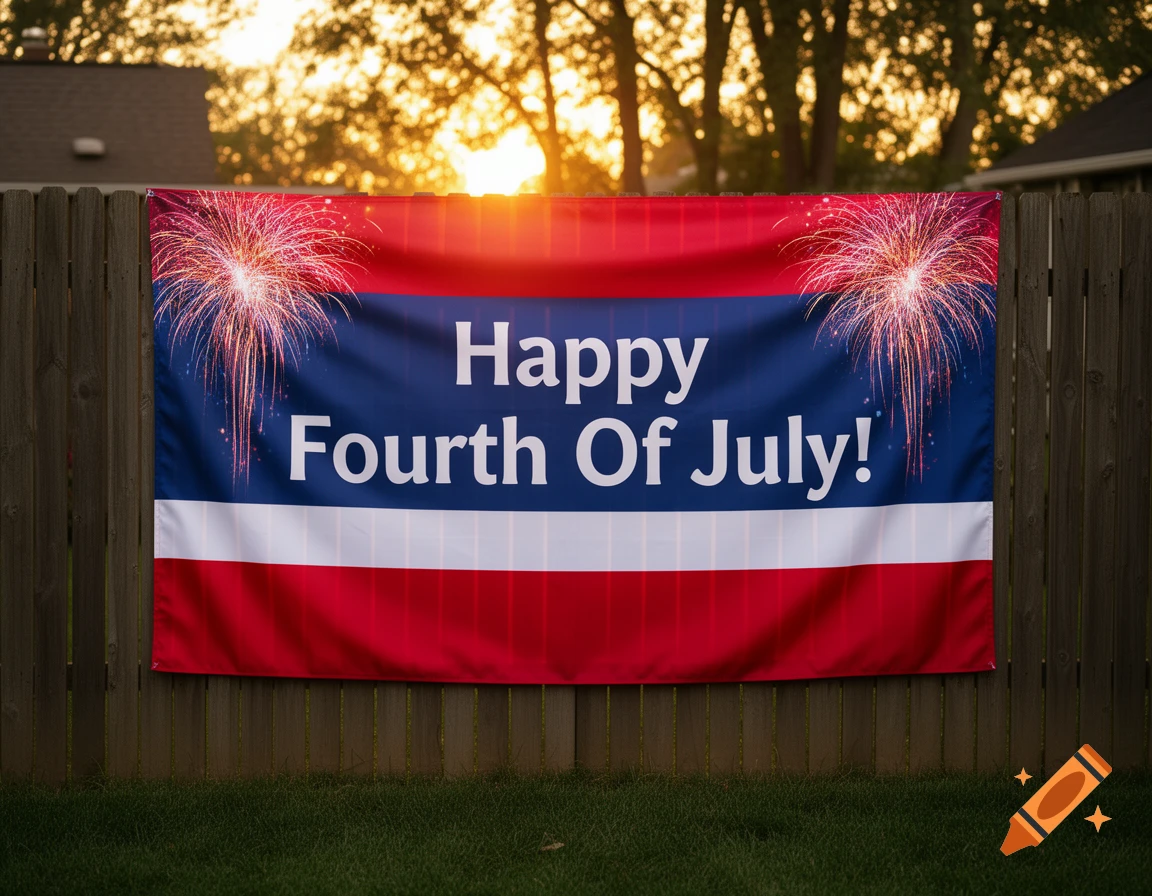 A photorealistic red, white, and blue Happy Fourth of July banner with fireworks hanging on a wooden fence at sunset.