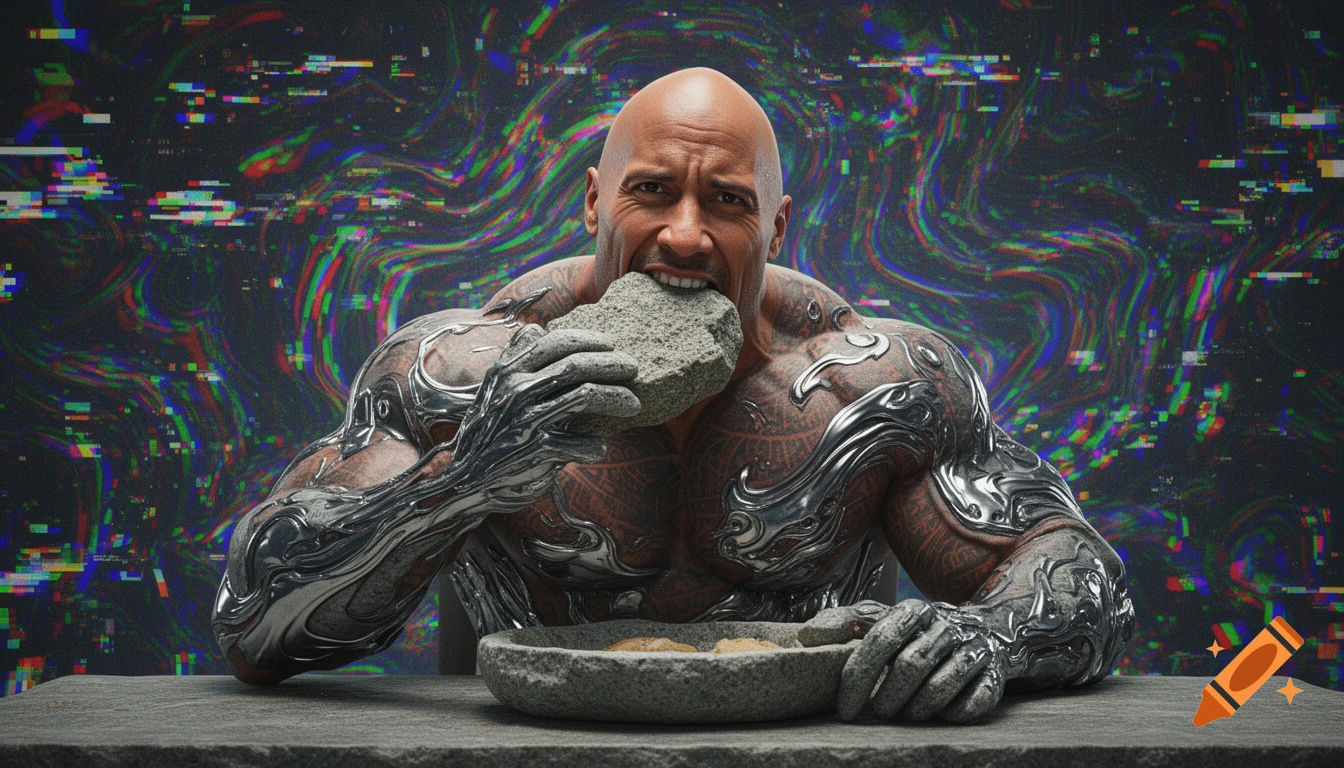 Hyper-realistic image of Dwayne "The Rock" Johnson biting a large rock, his arms morphing into metallic stone, against a chaotic, glitchy background.