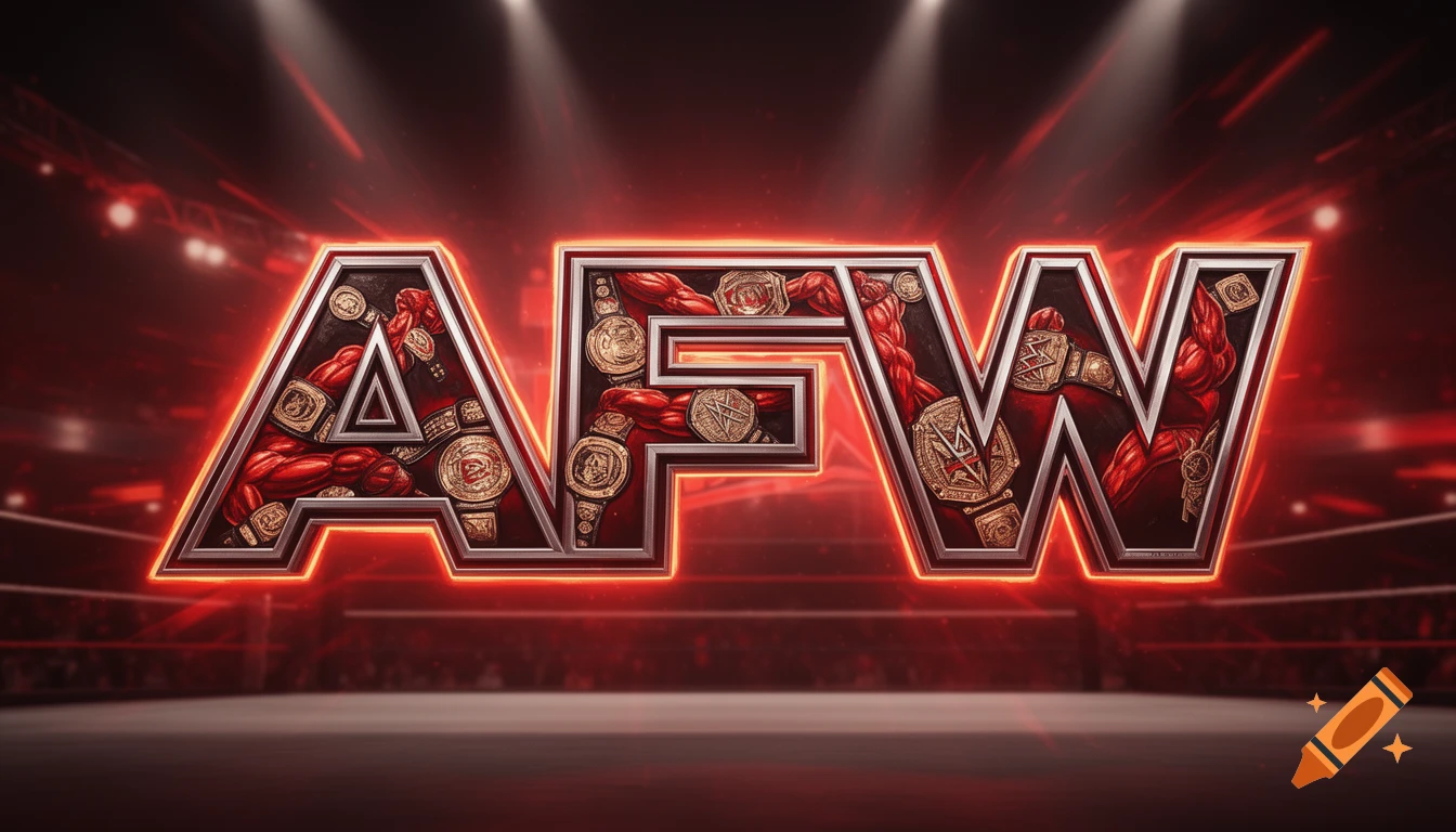 A stylized, glowing red 'AFW' logo, filled with wrestling championship belts and muscular arms, stands in a spotlighted wrestling arena.