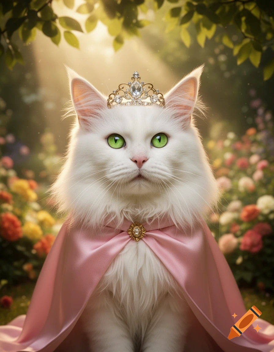 A fluffy white cat with bright green eyes, wearing a gold tiara and pink satin cape, sits in a sunlit garden with flowers.