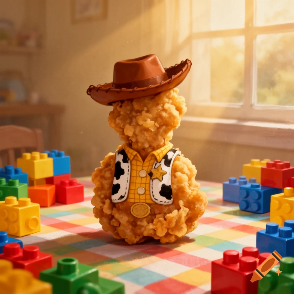 Photorealistic chicken nugget dressed as Woody from Toy Story, wearing a hat and vest, on a checkered tablecloth with colorful building blocks.