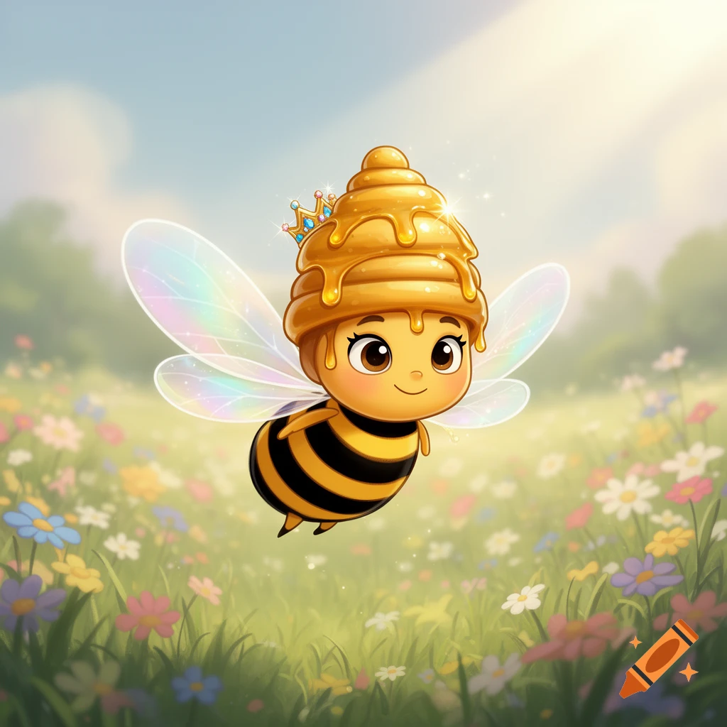 A cute cartoon queen bee with a honey beehive hairdo and a tiny crown flies over a field of colorful flowers.