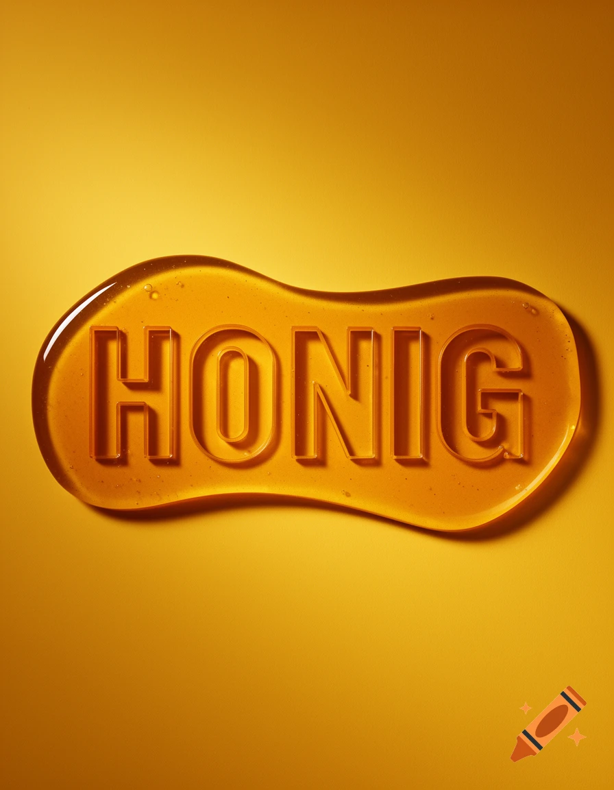 Close-up of the word "HONIG" (honey) formed from viscous, golden-amber honey, appearing to float on a bright yellow surface, with subtle light reflections.