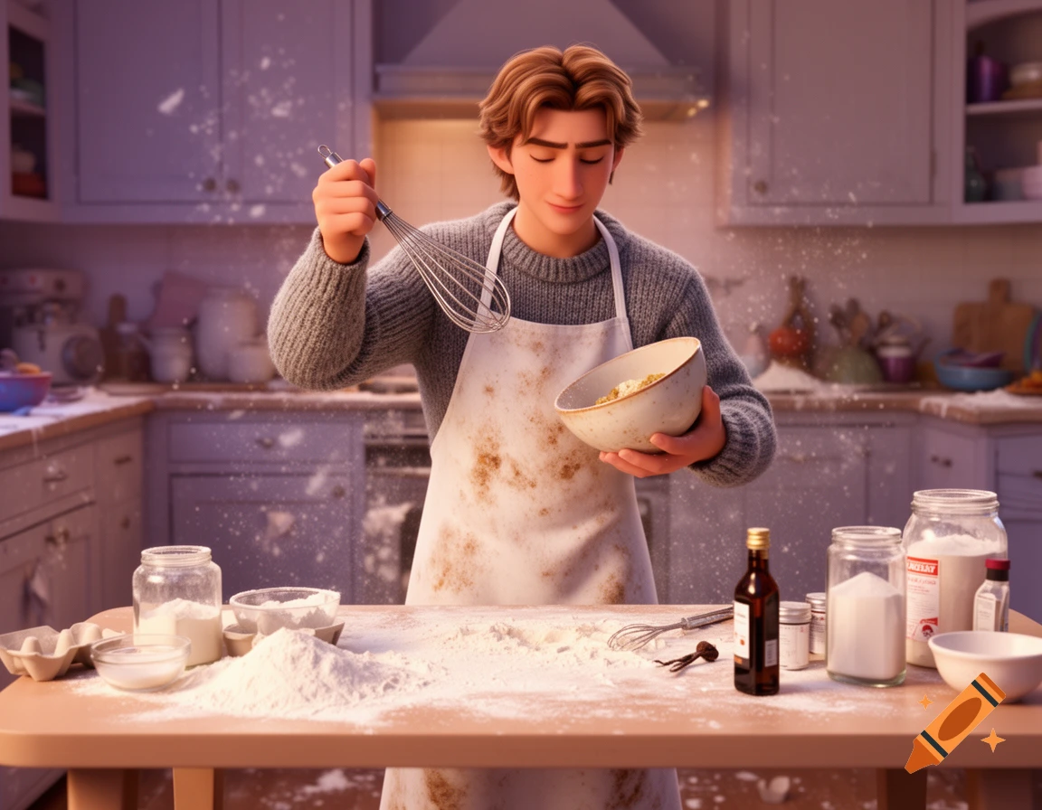 Kristoff from Frozen, in a messy kitchen covered in flour, mixing ingredients in a bowl with a whisk.