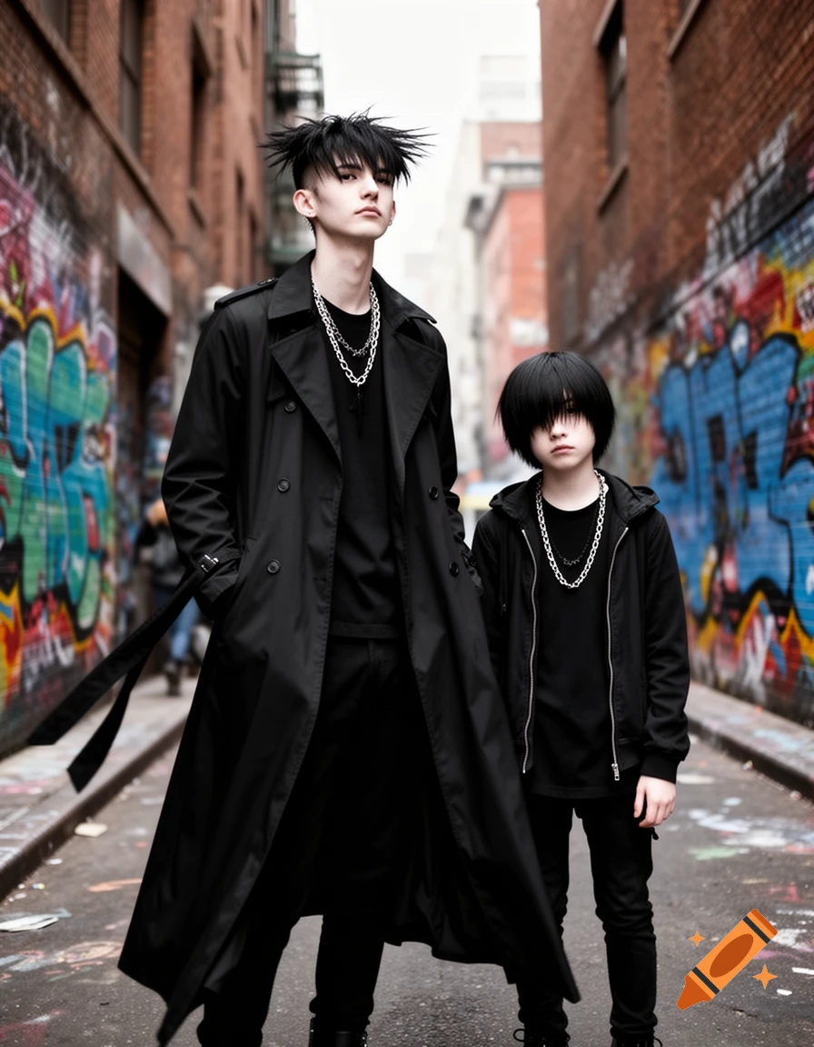 Two young men, one tall and one short, dressed in black gothic/emo fashion with chains, stand in a graffiti-covered urban alley.